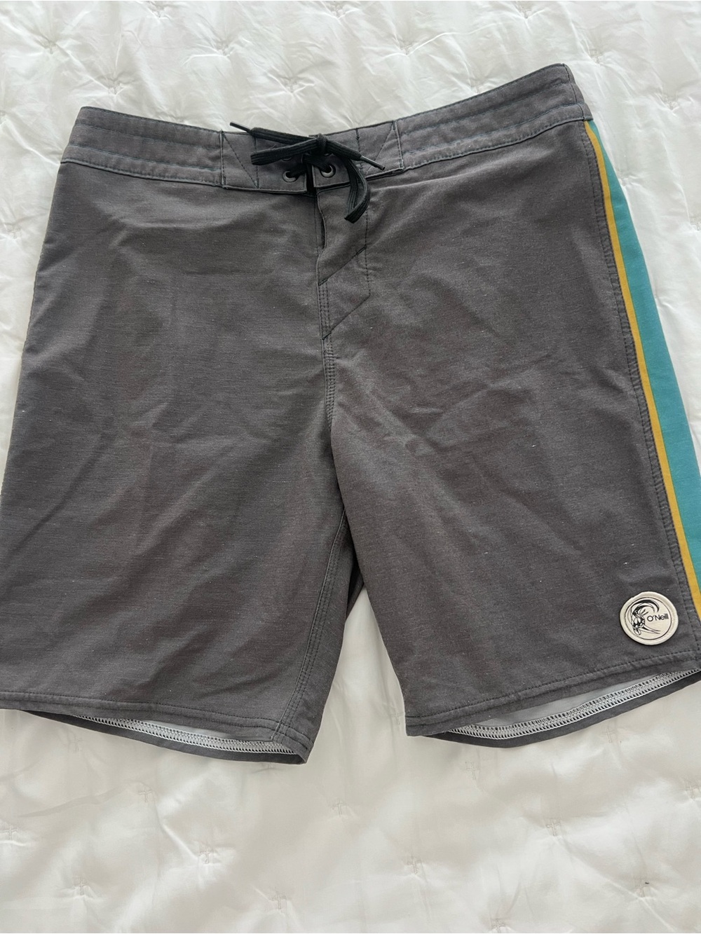 O'Neill Men's Gray Swim Board Shorts with Teal & Yellow Side Stripes  Size 29